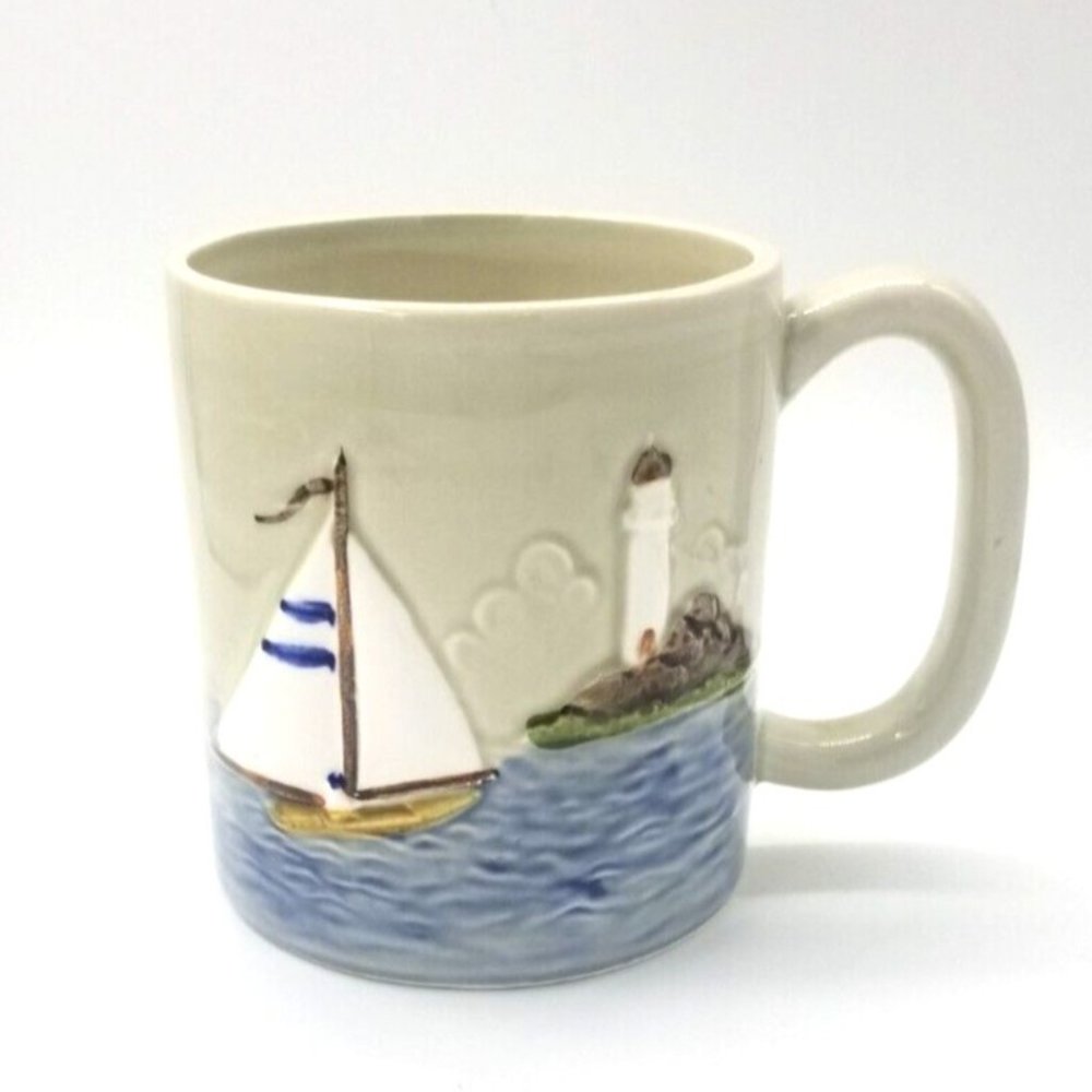Vintage OTAGIRI Hand Painted Embossed  Mug Sailboat Lighthouse Ocean Clouds